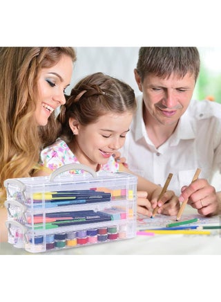 Stackable Plastic Pencil Box with Latching Lids & Handle - Versatile Storage Organizer for Office Supplies, Gel Pens, Markers, Erasers, and Crafts (3 Layers) - view 4