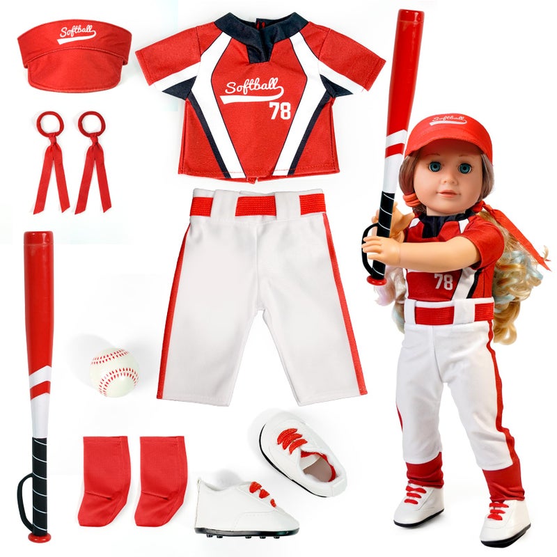 ARTST Softball Uniform Doll Outfit18 inch Doll Clothes and Accessories SetHat Baseball Clothing Bat Shoes Socks Valentines Gifts for GirlsBoys Spring TBall - Image 3