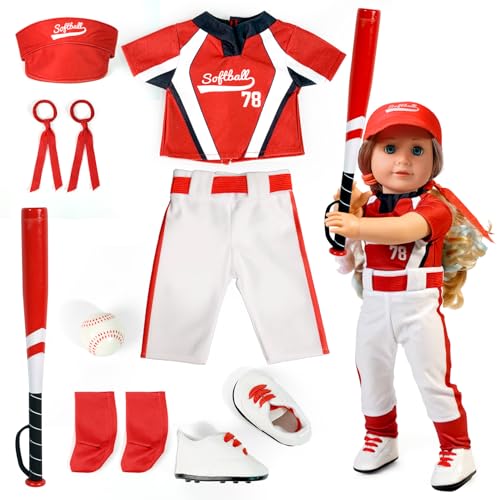 ARTST Softball Uniform Doll Outfit18 inch Doll Clothes and Accessories SetHat Baseball Clothing Bat Shoes Socks Valentines Gifts for GirlsBoys Spring TBall - Image 1