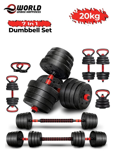 Versatile 7-in-1 Adjustable Dumbbell Set, Transform into Barbell, Kettlebell, and Push-ups, Ideal for Weightlifting and Total-Body Fitness at Home or Office with Free Weights, 20kg