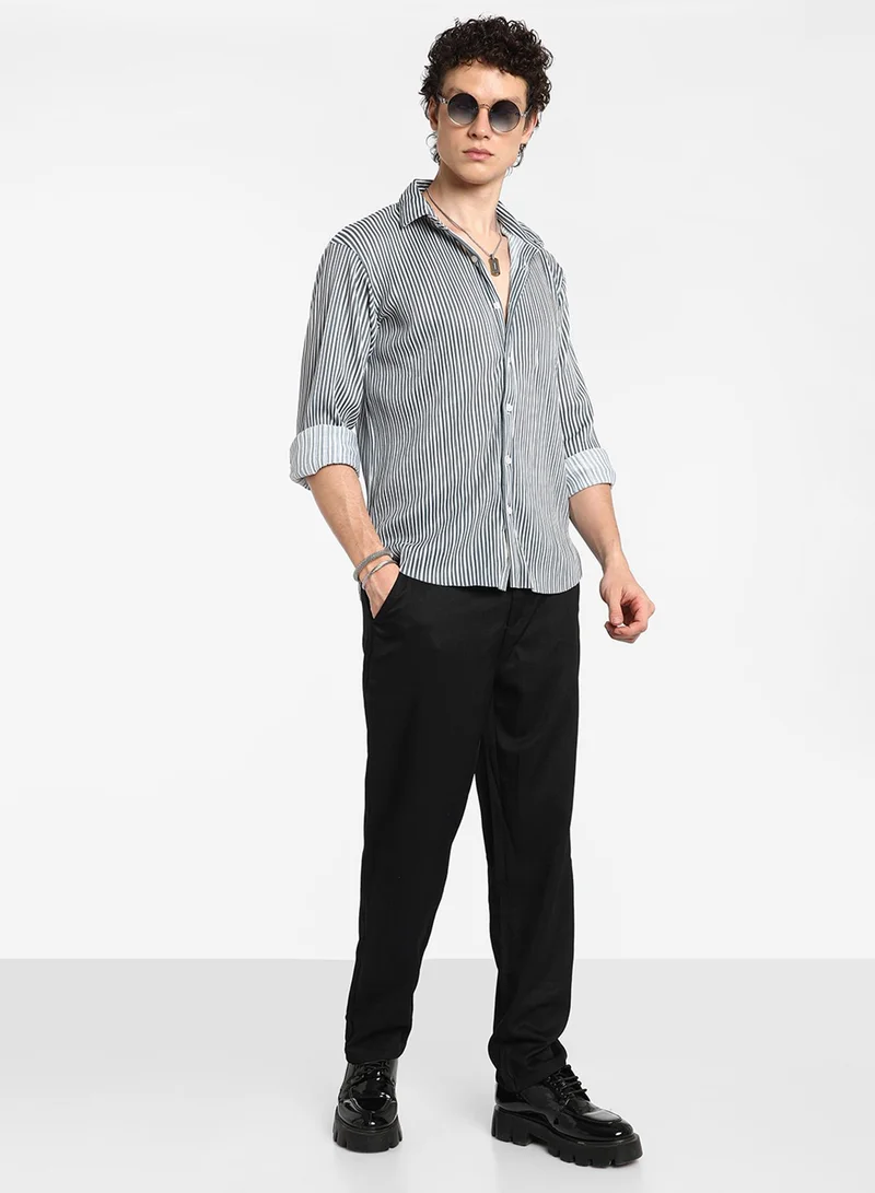 Campus Sutra Men's Midnight Black & Powder White Pleat-Creased Shirt