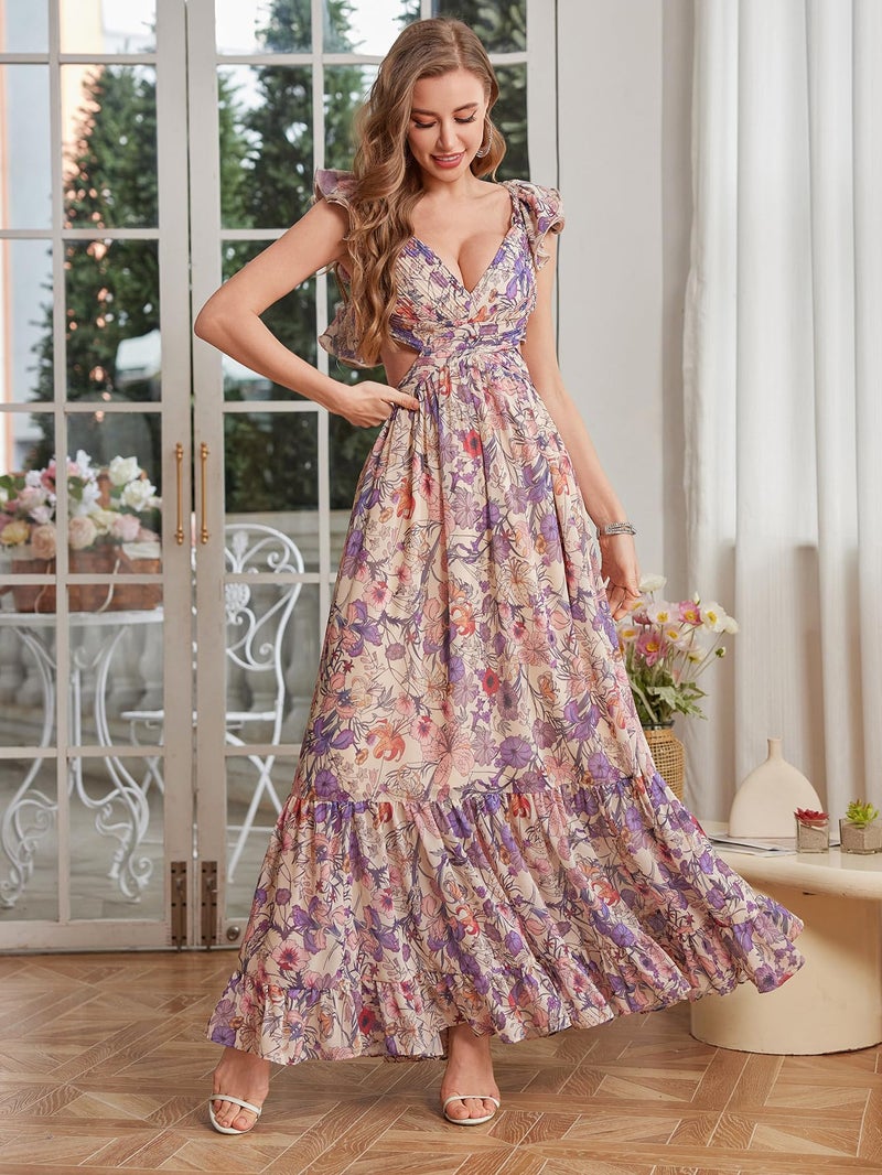 NeeMee Women's Summer Floral Print Straps Sleeveless V Neck Criss Cross Backless Chiffon Beach Boho Party Long Maxi Dress - Image 4