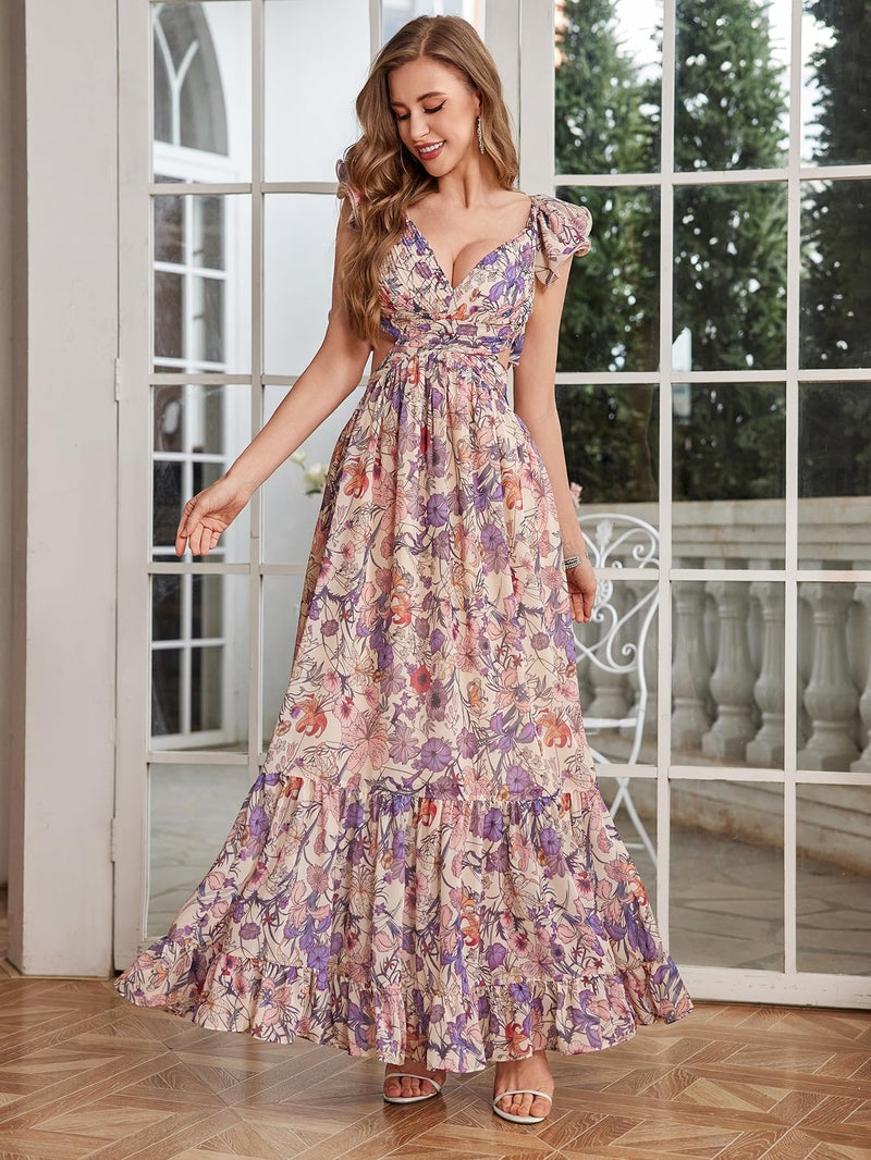 NeeMee Women's Summer Floral Print Straps Sleeveless V Neck Criss Cross Backless Chiffon Beach Boho Party Long Maxi Dress - Image 3
