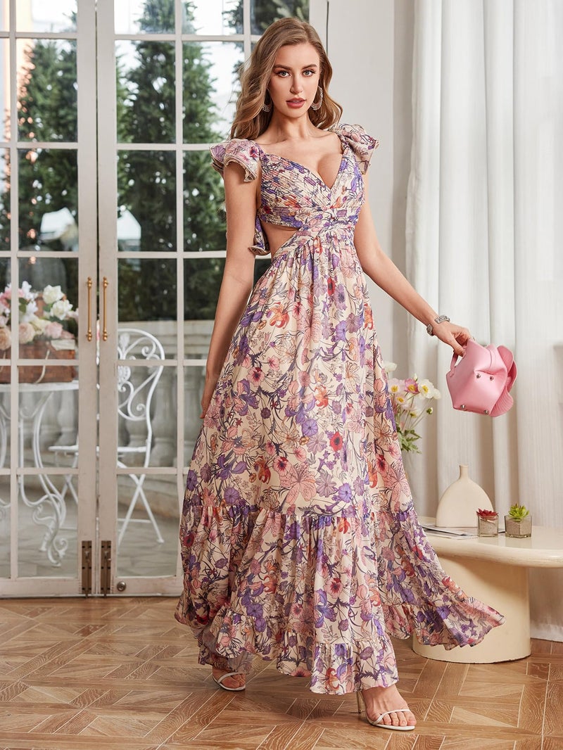 NeeMee Women's Summer Floral Print Straps Sleeveless V Neck Criss Cross Backless Chiffon Beach Boho Party Long Maxi Dress - Image 5