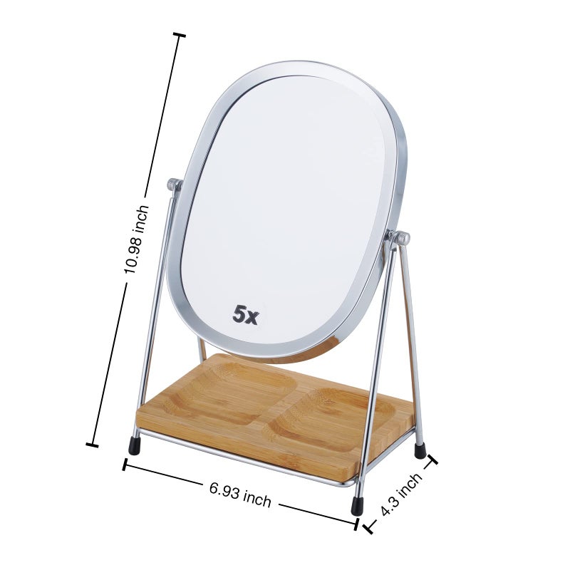 JOYOEIKON مرآة مكياج مكبرة 5X/1X من Joyoeikon مع صينية خيزران مربعة ومرآة مكتب صغيرة تدور 360 درجة مع حامل مرآة لمستحضرات التجميل لسطح المكتب - Image 2