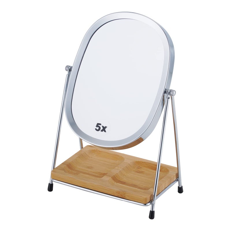JOYOEIKON مرآة مكياج مكبرة 5X/1X من Joyoeikon مع صينية خيزران مربعة ومرآة مكتب صغيرة تدور 360 درجة مع حامل مرآة لمستحضرات التجميل لسطح المكتب - Image 1