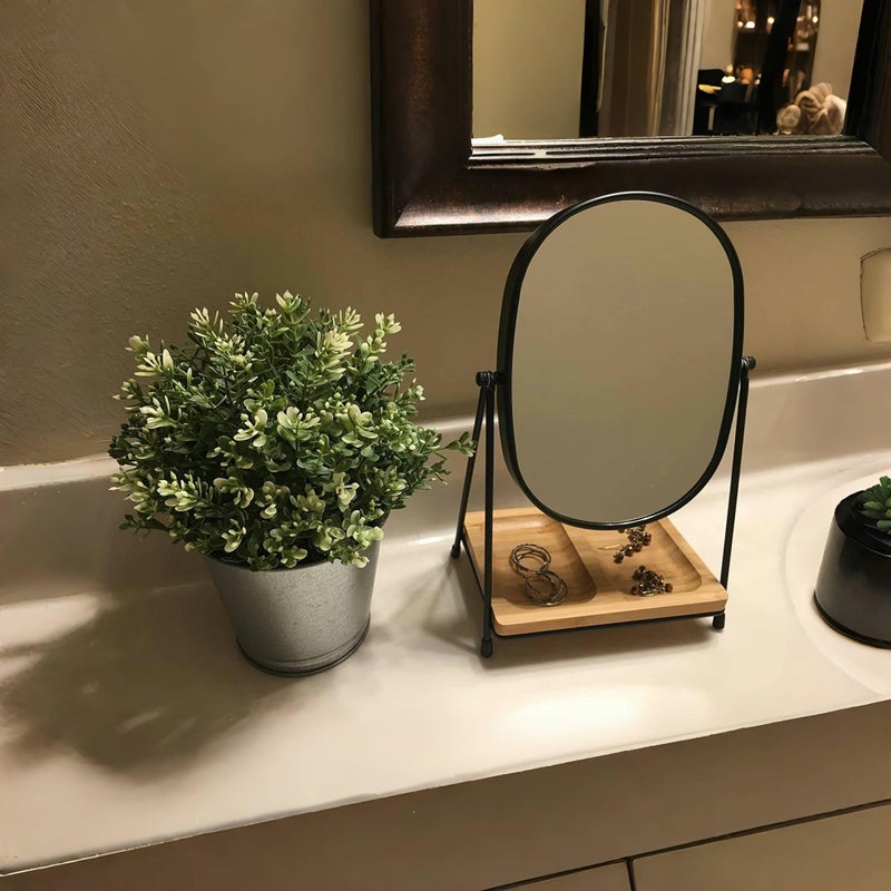 JOYOEIKON مرآة مكياج مكبرة 5X/1X من Joyoeikon مع صينية خيزران مربعة ومرآة مكتب صغيرة تدور 360 درجة مع حامل مرآة لمستحضرات التجميل لسطح المكتب - Image 4