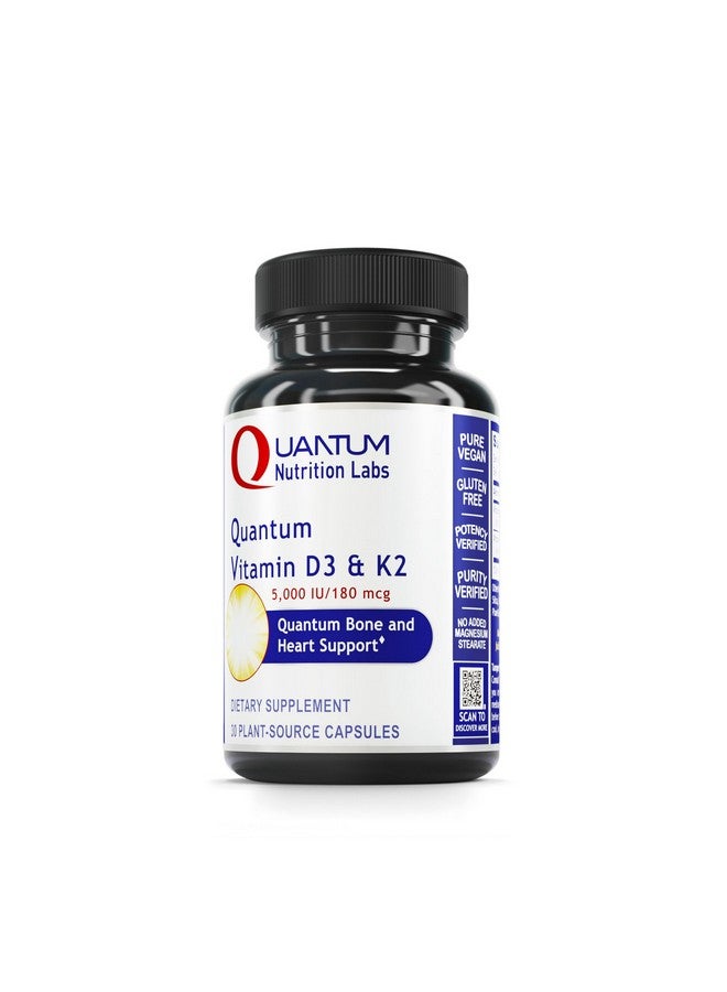 Quantum Nutrition Labs Vitamin D3 and K2 Supplement - Bone & Heart Health Support for Women & Men, 5000 IU, Vegan Vitamins, Allows Calcium Absorption, Gluten-Free - 30 Plant Based Capsules - Image 1