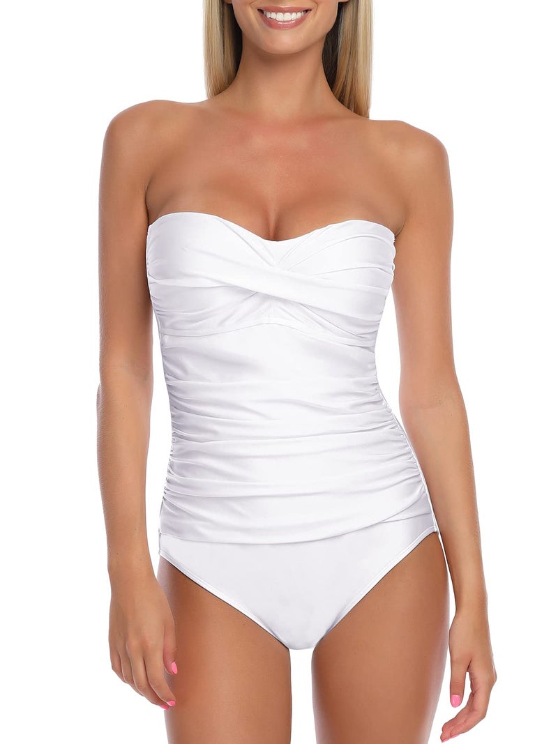 RELLECIGA Women's White Ruched Neck Halter Twist Bandeau One Piece Swimwear Bathing Suits Size Medium - Image 1