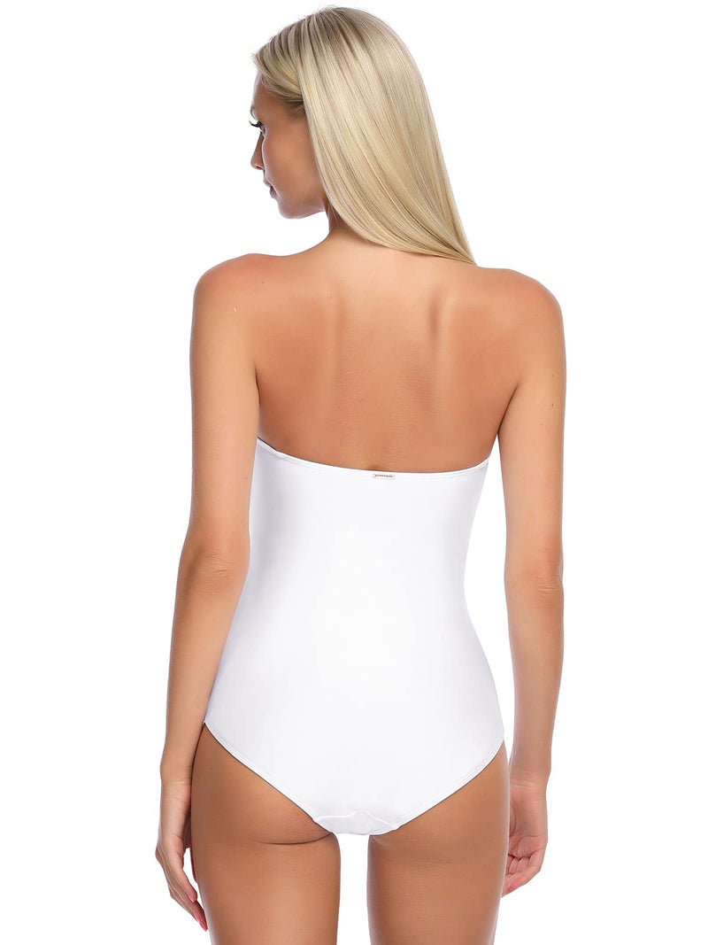 RELLECIGA Women's White Ruched Neck Halter Twist Bandeau One Piece Swimwear Bathing Suits Size Medium - Image 5