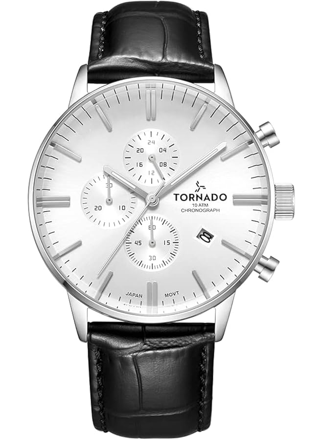 TORNADO Men Japan Quartz Movement Watch Chronograph Display And Leather Strap T6102 Slbw Black - Image 1