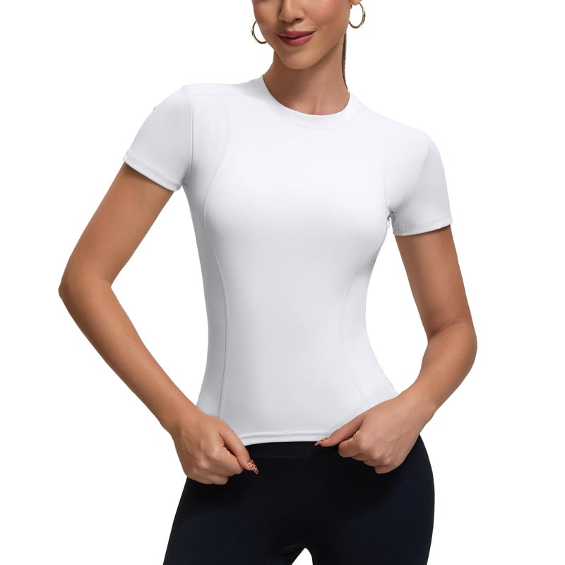 BJY Womens White Workout Compression ShirtsAthletic Quick Dry Yoga Gym Pilates Shapewear TopsCute Crop Y2K Short Sleeve Clothes - Image 2