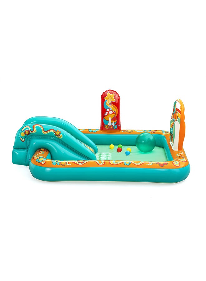 Bestway مركز لعب الأطفال القابل للنفخ بتصميم ريترو غروف مع بركة رذاذ، منزلق مائي صغير، منطقة لعب كرات، كرة شاطئية متضمنة، مجموعة أنشطة مائية خارجية، طقم إصلاح متضمن، 1.93م × 1.52م × 74سم - Image 3