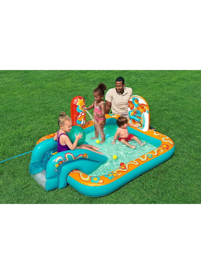 Bestway مركز لعب الأطفال القابل للنفخ بتصميم ريترو غروف مع بركة رذاذ، منزلق مائي صغير، منطقة لعب كرات، كرة شاطئية متضمنة، مجموعة أنشطة مائية خارجية، طقم إصلاح متضمن، 1.93م × 1.52م × 74سم - Image 4