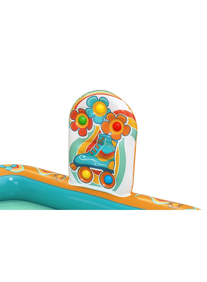 Bestway Retro Groove Inflatable Kids Play Center with Splash Pool, Mini Water Slide, Ball Play Area, Beach Ball Included, Outdoor Water Activity Set, Repair Patch Included, 1.93m x 1.52m x 74cm