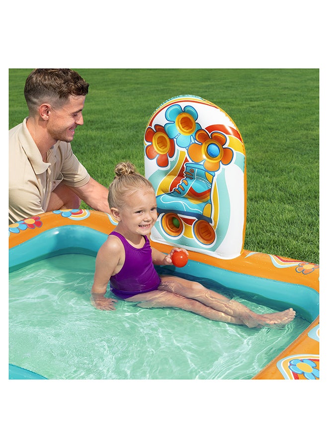 Bestway مركز لعب الأطفال القابل للنفخ بتصميم ريترو غروف مع بركة رذاذ، منزلق مائي صغير، منطقة لعب كرات، كرة شاطئية متضمنة، مجموعة أنشطة مائية خارجية، طقم إصلاح متضمن، 1.93م × 1.52م × 74سم - Image 5