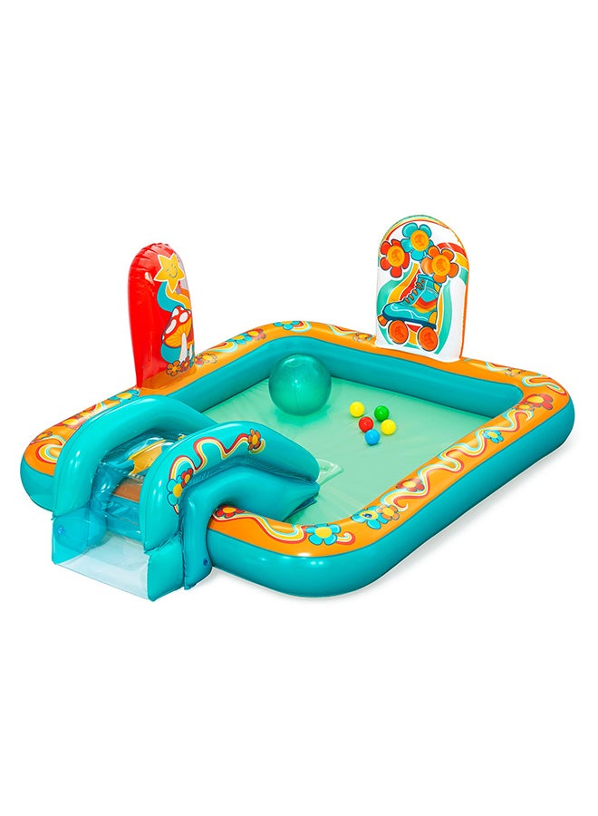 Bestway مركز لعب الأطفال القابل للنفخ بتصميم ريترو غروف مع بركة رذاذ، منزلق مائي صغير، منطقة لعب كرات، كرة شاطئية متضمنة، مجموعة أنشطة مائية خارجية، طقم إصلاح متضمن، 1.93م × 1.52م × 74سم - Image 1