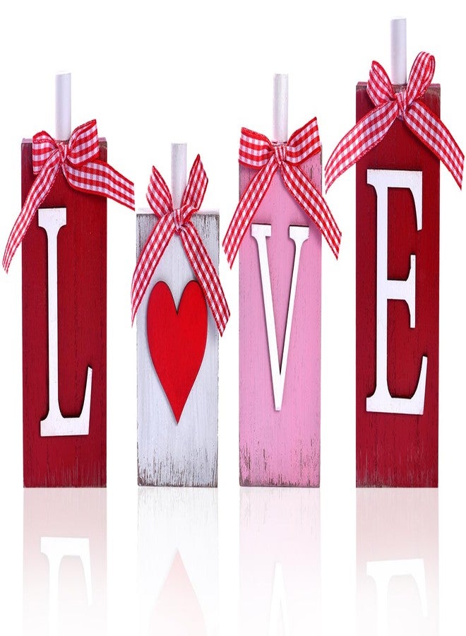IDATOO زينة طاولة عيد الحب، 4 قطع من حروف كلمة "LOVE" الخشبية مع قلب لتزيين المنزل والمكتب، لافتة خشبية جميلة على شكل كلمة "LOVE" مع فيونكة، قطعة مركزية للطاولة أو رف متعدد الطبقات أو رف مدفأة (LOVE) - Image 1
