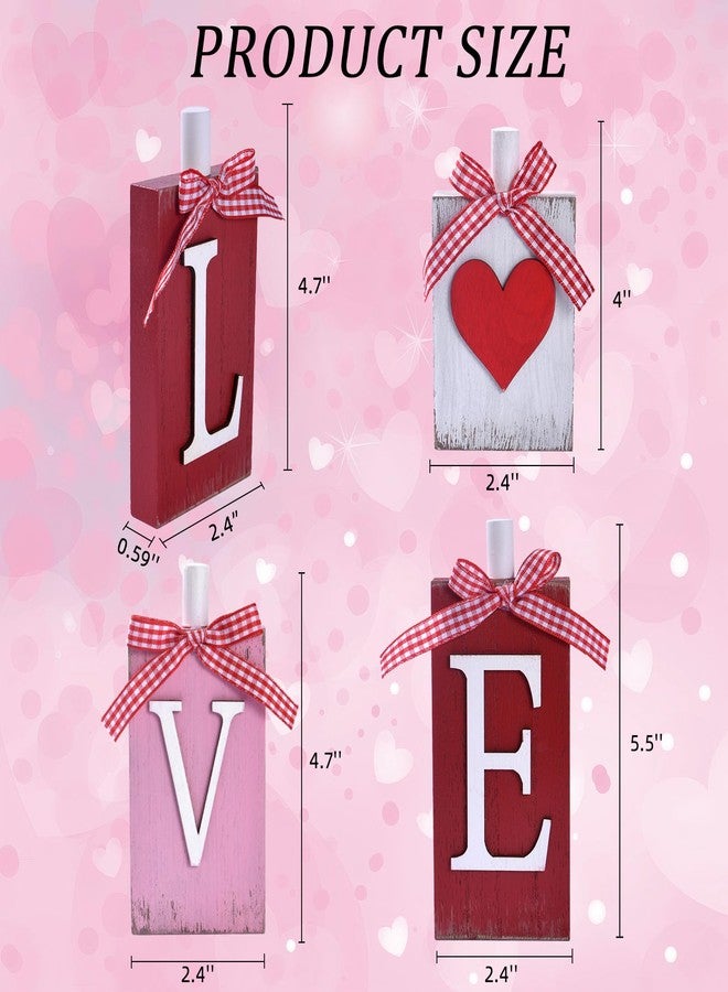 IDATOO زينة طاولة عيد الحب، 4 قطع من حروف كلمة "LOVE" الخشبية مع قلب لتزيين المنزل والمكتب، لافتة خشبية جميلة على شكل كلمة "LOVE" مع فيونكة، قطعة مركزية للطاولة أو رف متعدد الطبقات أو رف مدفأة (LOVE) - Image 3