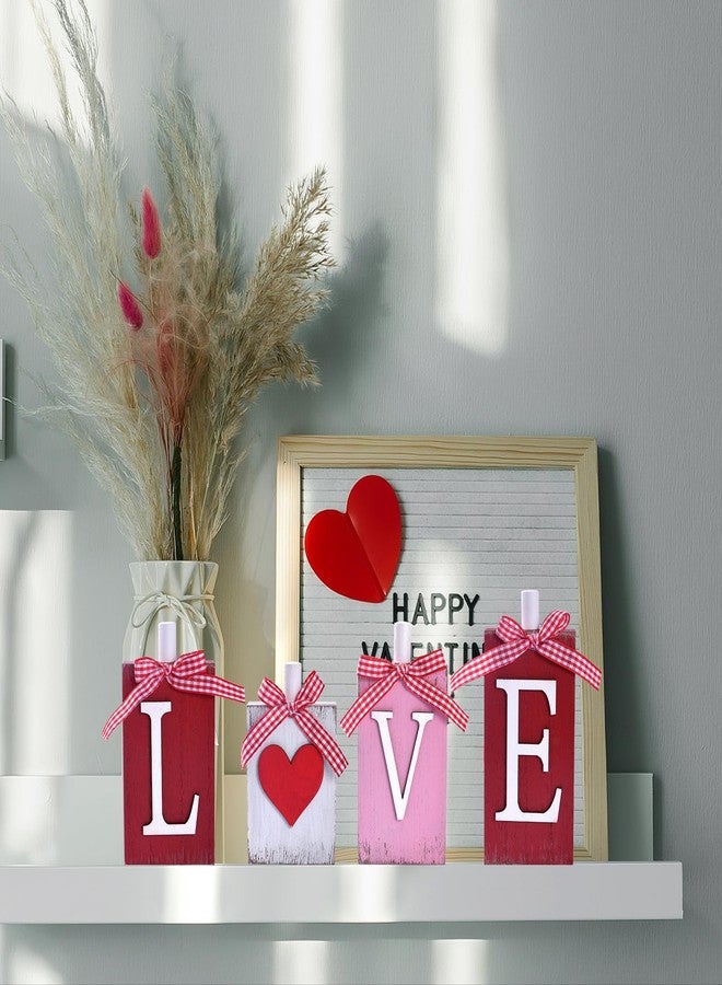 IDATOO زينة طاولة عيد الحب، 4 قطع من حروف كلمة "LOVE" الخشبية مع قلب لتزيين المنزل والمكتب، لافتة خشبية جميلة على شكل كلمة "LOVE" مع فيونكة، قطعة مركزية للطاولة أو رف متعدد الطبقات أو رف مدفأة (LOVE) - Image 5