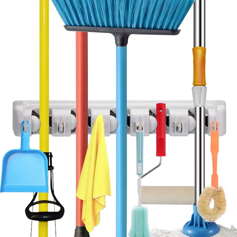 Air Son Mop and Broom Holder Upgraded with Effective Strong Holding 5 Slot Position with 6 Hooks Garage Storage up to 11 Tools Wall Mounted Broom Holder - Image 1