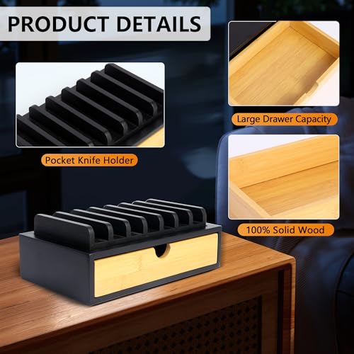 smocchy Pocket Knife Display Case, EDC Knife Rack for 7 Knives - Wooden Knife Organizer with Drawer for EDC Flashlight Or Knives Accessories, Knife Holder Suitable as Christmas Gift for Men, Black - Image 5