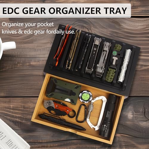 smocchy Pocket Knife Display Case, EDC Knife Rack for 7 Knives - Wooden Knife Organizer with Drawer for EDC Flashlight Or Knives Accessories, Knife Holder Suitable as Christmas Gift for Men, Black - Image 4