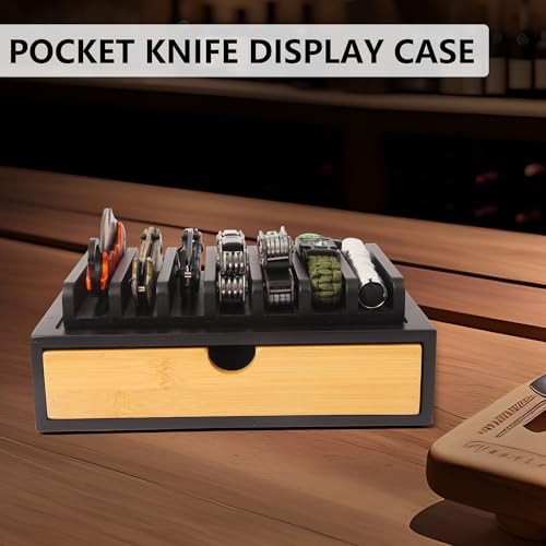 smocchy Pocket Knife Display Case, EDC Knife Rack for 7 Knives - Wooden Knife Organizer with Drawer for EDC Flashlight Or Knives Accessories, Knife Holder Suitable as Christmas Gift for Men, Black - Image 3