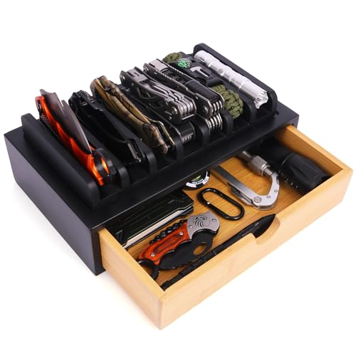 smocchy Pocket Knife Display Case, EDC Knife Rack for 7 Knives - Wooden Knife Organizer with Drawer for EDC Flashlight Or Knives Accessories, Knife Holder Suitable as Christmas Gift for Men, Black - Image 1