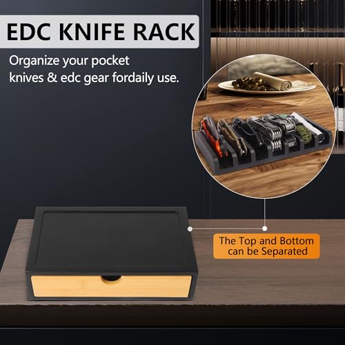 smocchy Pocket Knife Display Case, EDC Knife Rack for 7 Knives - Wooden Knife Organizer with Drawer for EDC Flashlight Or Knives Accessories, Knife Holder Suitable as Christmas Gift for Men, Black - Image 2