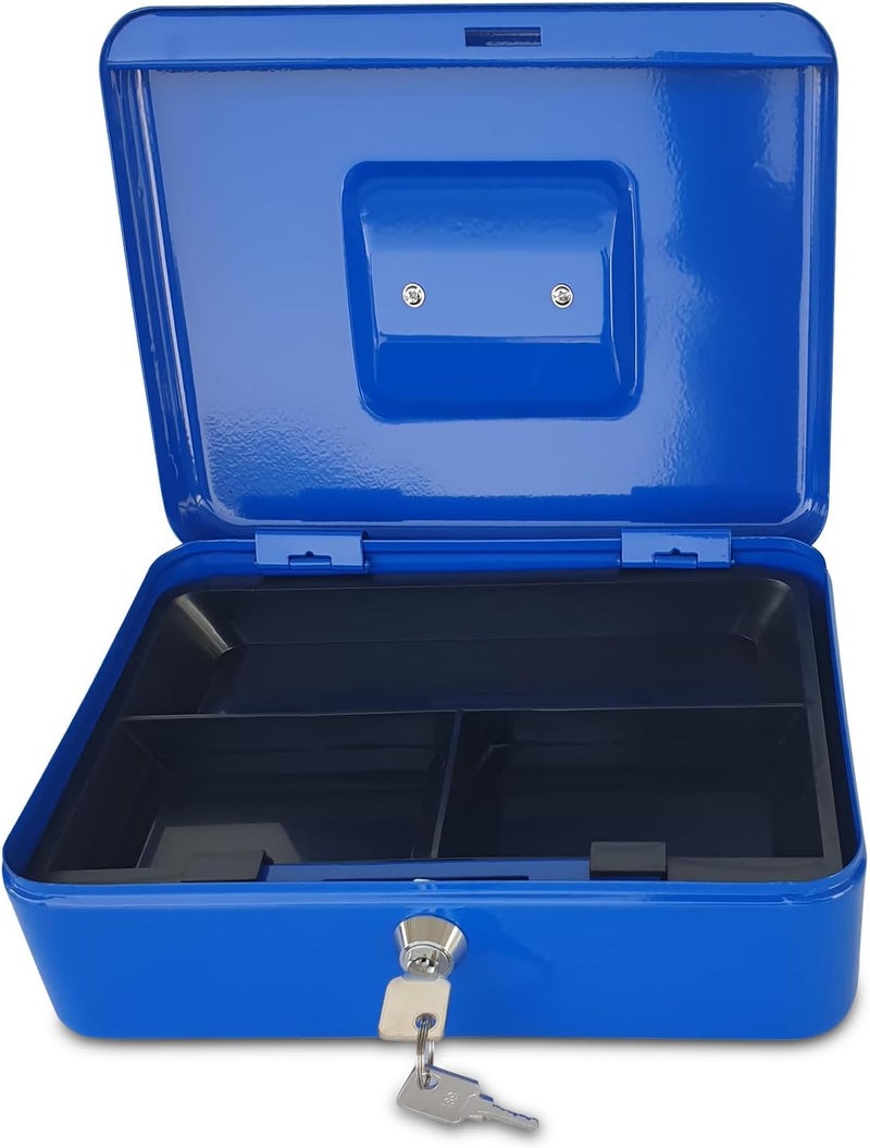Maxi Medium Cash Box - Durable Steel Money Box with Tray and Lock, Blue - Image 3