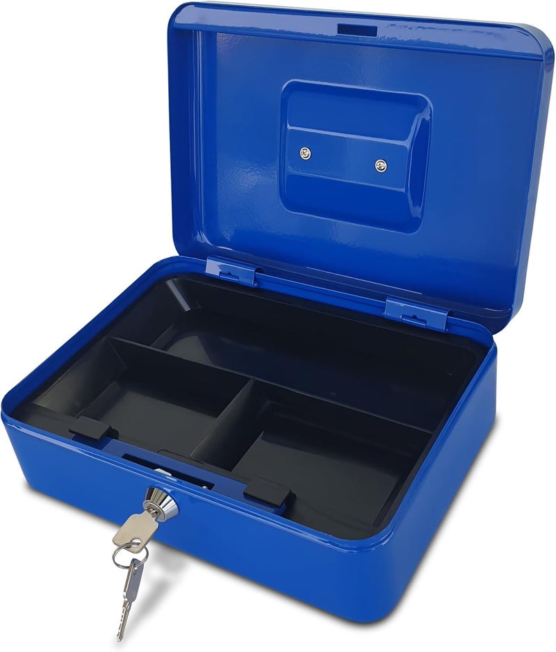Maxi Medium Cash Box - Durable Steel Money Box with Tray and Lock, Blue - Image 1