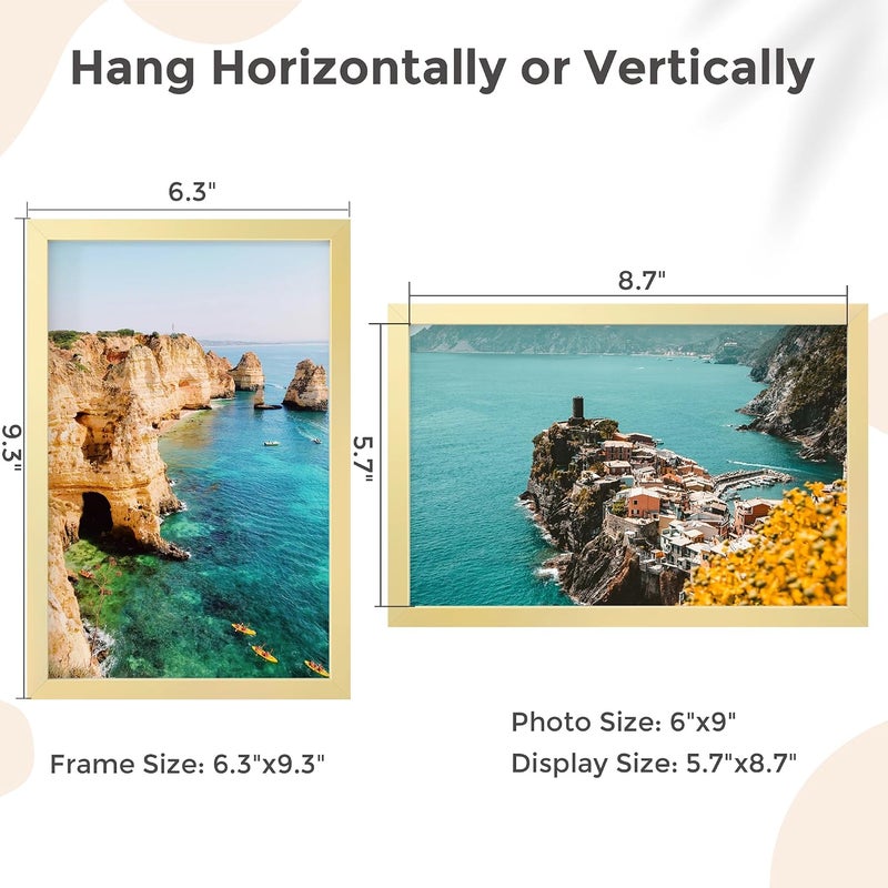 FLYJOE 6x9 Metal Picture Frame - Gold Aluminum Picture Frames with Real Glass, Wall Mounting Horizontally or Vertically, Simple and Elegant Decor for Wall Gallery Poster Photo 9x6 Frames, Gold - Image 4