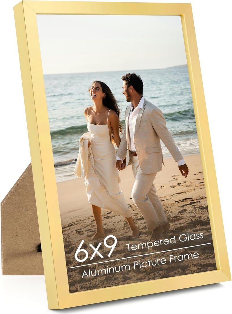 FLYJOE 6x9 Metal Picture Frame - Gold Aluminum Picture Frames with Real Glass, Wall Mounting Horizontally or Vertically, Simple and Elegant Decor for Wall Gallery Poster Photo 9x6 Frames, Gold - Image 1