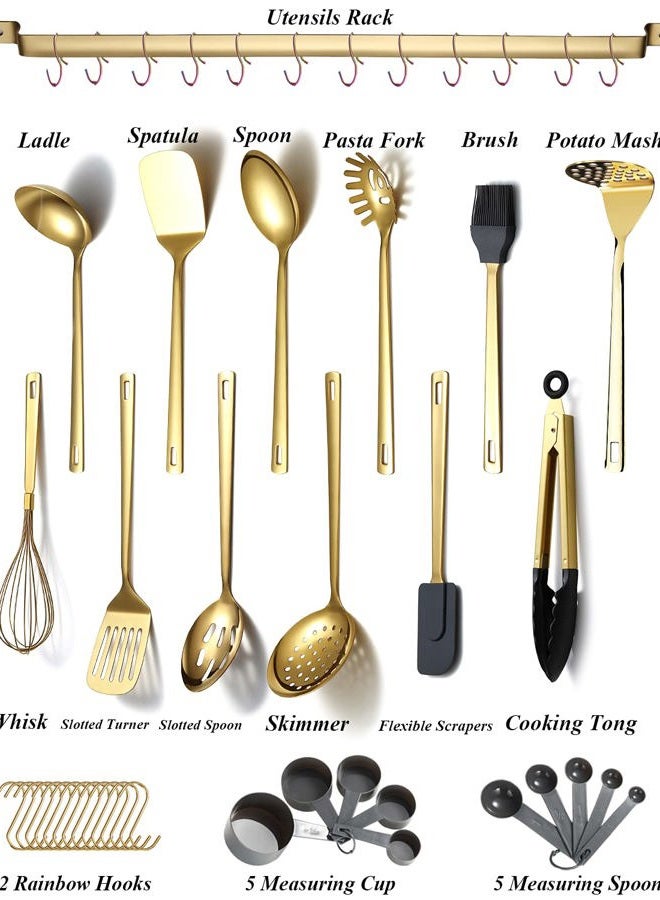 Kyraton Gold Cooking Utensils Set, Stainless Steel 37 Pieces Kitchen Utensils Set with Titanium Gold Plating, Kitchen Gadgets Tool Set with Utensils Racks Heat Resistant Dishwasher Safe - Image 2