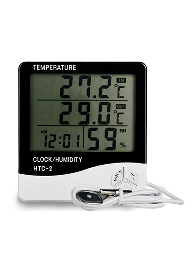 HTC-2 Digital Display Hygrometer And Thermometer With Clock Black/White 10 x 9 x 2.3centimeter - Image 1