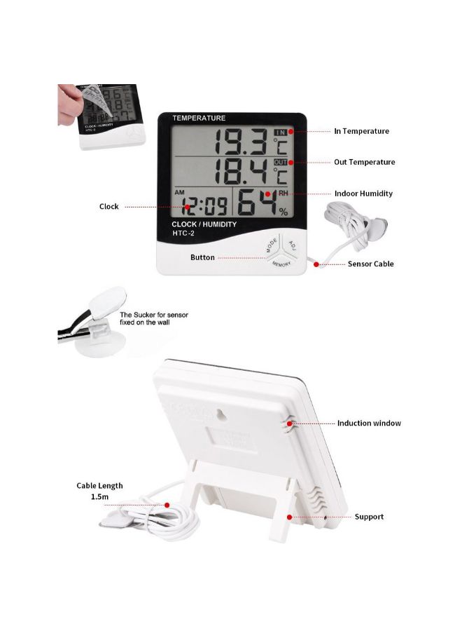 HTC-2 Digital Display Hygrometer And Thermometer With Clock Black/White 10 x 9 x 2.3centimeter - Image 3