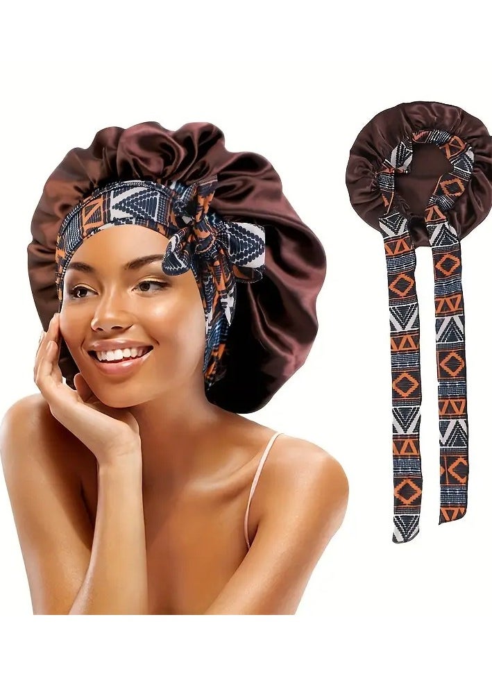 Goolsky Satin Sleep Cap With Long Ribbon Tail, Ethnic Print Bonnet With Bow Tie, Beauty Hair Care Night Hat, Adjustable Headscarf Cap For Women  - Image 2