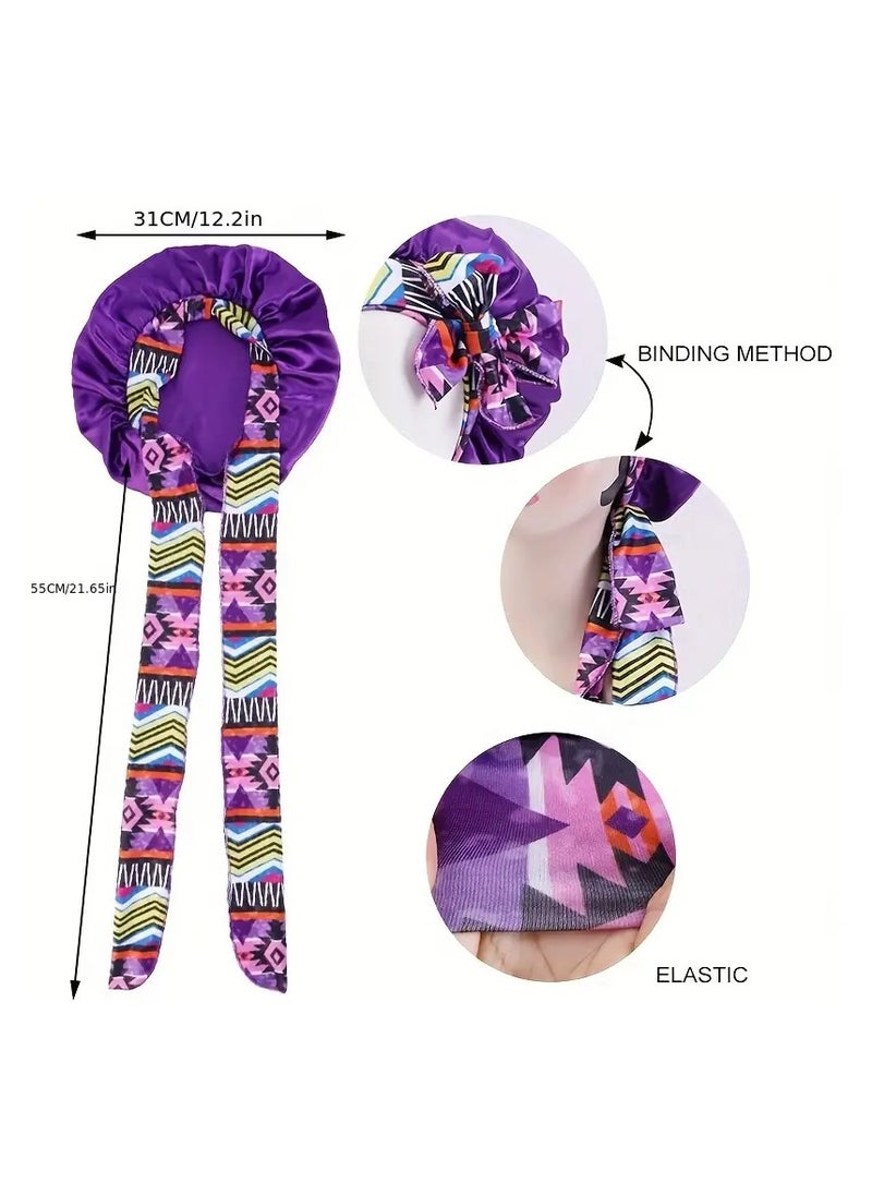 Goolsky Satin Sleep Cap With Long Ribbon Tail, Ethnic Print Bonnet With Bow Tie, Beauty Hair Care Night Hat, Adjustable Headscarf Cap For Women  - Image 5