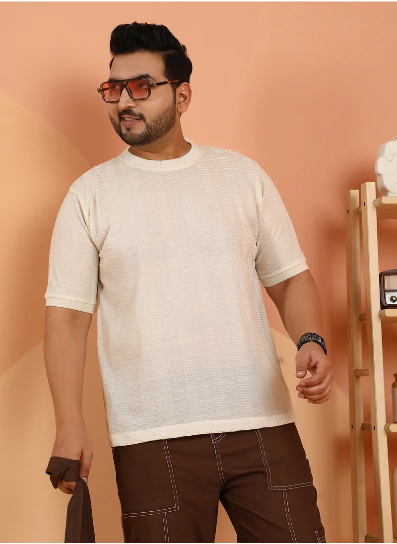 Instafab Plus Instafab Plus Men's Off-White Dash-Ribbed Knit T-Shirt For Casual Wear | Crew Neck | Short Regular Sleeves | Pull On Closure | Plus Size T-Shirt Crafted With Comfort Fit For Everyday Wear