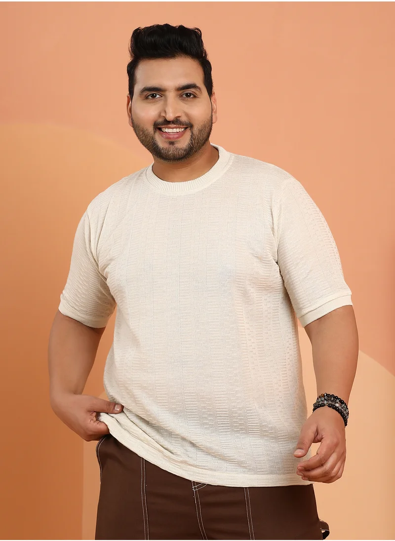 Instafab Plus Instafab Plus Men's Off-White Dash-Ribbed Knit T-Shirt For Casual Wear | Crew Neck | Short Regular Sleeves | Pull On Closure | Plus Size T-Shirt Crafted With Comfort Fit For Everyday Wear