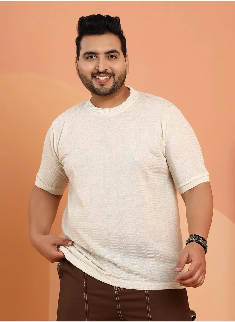 انستافاب بلس Instafab Plus Men's Off-White Dash-Ribbed Knit T-Shirt For Casual Wear | Crew Neck | Short Regular Sleeves | Pull On Closure | Plus Size T-Shirt Crafted With Comfort Fit For Everyday Wear