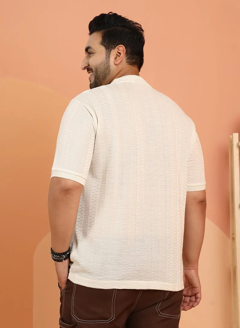 Instafab Plus Instafab Plus Men's Off-White Dash-Ribbed Knit T-Shirt For Casual Wear | Crew Neck | Short Regular Sleeves | Pull On Closure | Plus Size T-Shirt Crafted With Comfort Fit For Everyday Wear