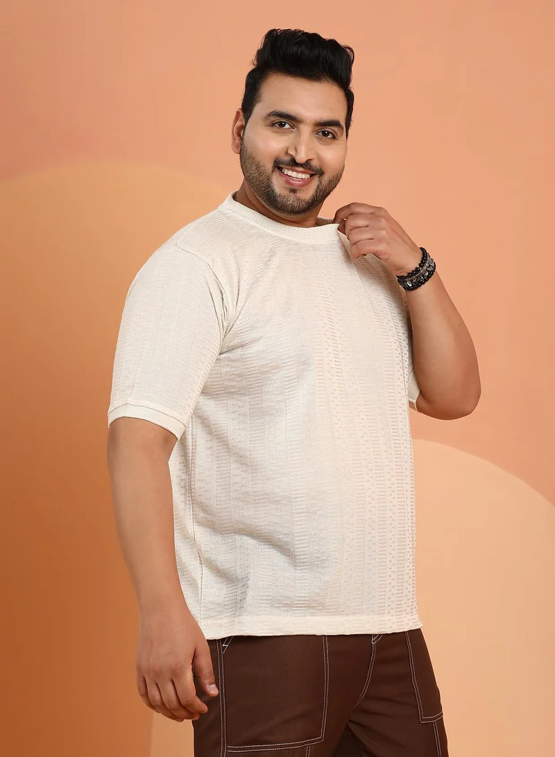 Instafab Plus Instafab Plus Men's Off-White Dash-Ribbed Knit T-Shirt For Casual Wear | Crew Neck | Short Regular Sleeves | Pull On Closure | Plus Size T-Shirt Crafted With Comfort Fit For Everyday Wear