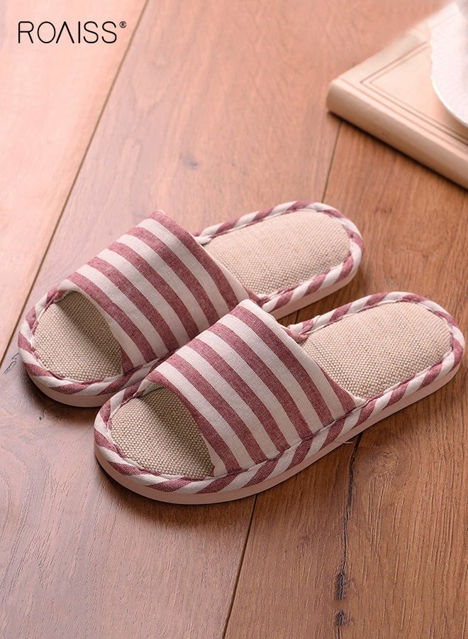 رويس نعال نسائية من الكتان، نعال منزلية ناعمة النعل مضادة للانزلاق، مناسبة لموسم الربيع/الخريف، مناسبة للزوجين، مصنوعة من القطن والكتان، تمتص العرق، بنعل مسطح، لون أحمر - Image 1