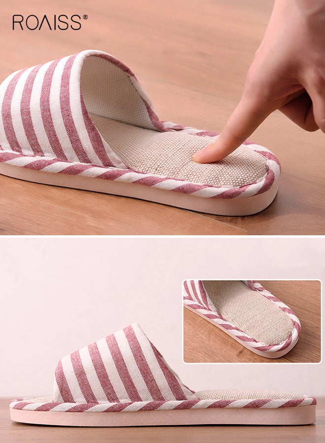رويس نعال نسائية من الكتان، نعال منزلية ناعمة النعل مضادة للانزلاق، مناسبة لموسم الربيع/الخريف، مناسبة للزوجين، مصنوعة من القطن والكتان، تمتص العرق، بنعل مسطح، لون أحمر - Image 4