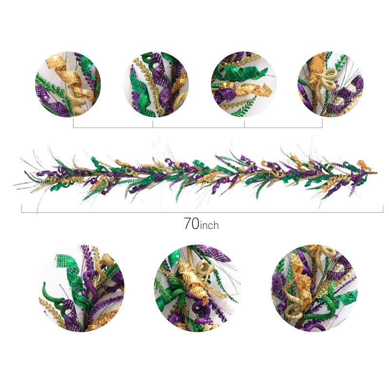 Bibelot 70 Inch Mardi Gras Purple and Green Glitter Garland, Mardi Gras Hanging Party Garland for Front Door Mantle Fireplace Carnival Party Indoor and Outdoor Decor - Image 3