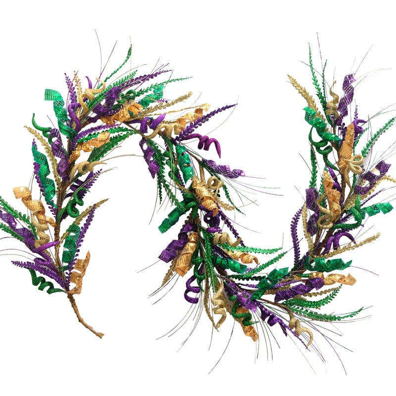 Bibelot 70 Inch Mardi Gras Purple and Green Glitter Garland, Mardi Gras Hanging Party Garland for Front Door Mantle Fireplace Carnival Party Indoor and Outdoor Decor - Image 1