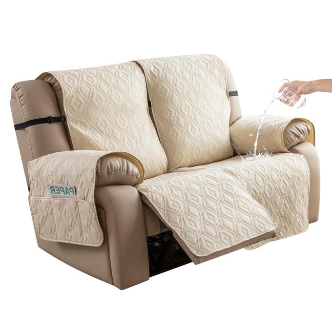 WATERPROOF LOVESEAT RECLINER COVER NONSLIP SOFA COVER FOR RECLINING COUCH 2 SEAT WASHABLE COUCH COVER LOVESEAT FURNITURE PROTECTOR COVER FOR PETS DOGS KIDSBEIGE RECLINER LOVESEAT