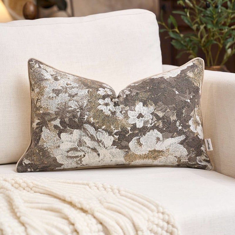 Yangest Neutral Flower Pillow Cover 12 x 20 Inches, Nature Chenille Rectangle Throw Pillow Cover Soft Luxury Accent Couch Pillow Cover for Living Room Bedroom, Beige - Image 1